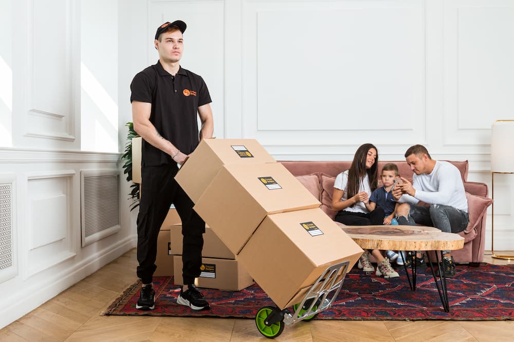Professional moving team carefully loading furniture into van